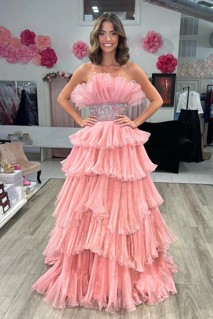 Glitter Blush A-Line Beaded Long Tulle Tiered Prom Dress with Ruffles DM3082815 Dressmeet Glitter Blush A-Line Beaded Long Tulle Tiered Prom Dress with Ruffles DM3082815 Dressmeet
