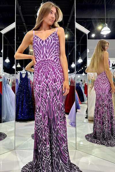 Unique Sparkly Mermaid V Neck Purple Sequins Long Prom Dress MD101707
