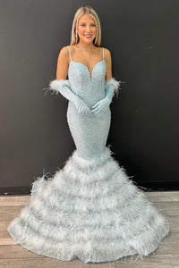 Unique Mermaid V Neck Light Blue Sequins Long Prom Dress with Feather MD4022704