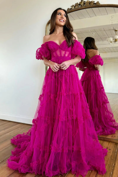 A Line Off the Shoulder Fuchsia Tulle Corset Prom Dress with Bowknot DM3082802