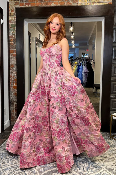 Gorgeous A Line Scoop Neck Pink Jacquard Satin Long Prom Dress DM16021103