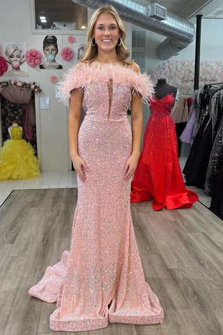 Off-the-Shoulder Pink Sequin Feathers Keyhole Long Dress MD102906