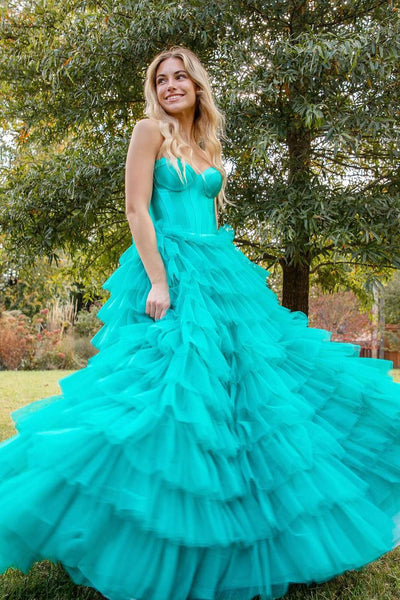 A-Line Strapless Turquoise Tulle Long Prom Dresses MD4012903