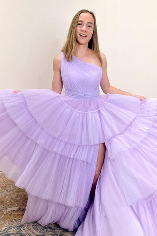 A-Line One Shoulder Tiered Tulle Long Prom Dress with Slit MD4040101