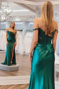 Emerald Lace Off-the-Shoulder Mermaid Long Formal Dress with Slit MD122901