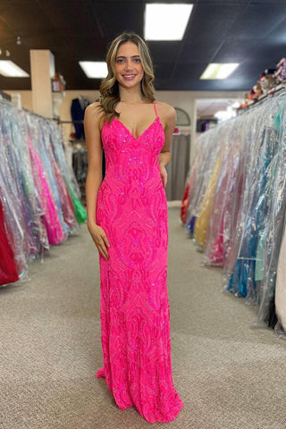 Mermaid V Neck Fuchsia Sequins Lace Long Prom Dress MD4020702