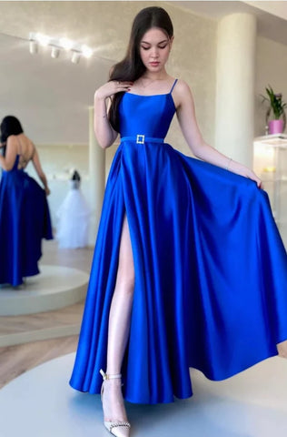 Royal Blue Satin A-Line Spaghetti Straps Formal Prom Dress MD100405