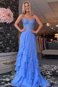 A Line Sweetheart Blue Chiffon Tiered Long Prom Dresses DM25052707