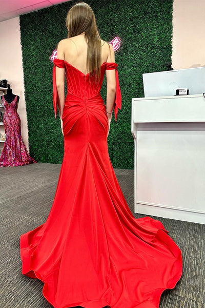 Red Off-the-Shoulder Bow Sleeve Mermaid Long Prom Dress with Slit MD121608