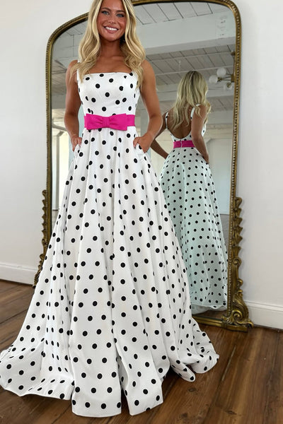 Cute A Line V Neck White Black Dot Satin Prom Dress with Pockets DM26011210