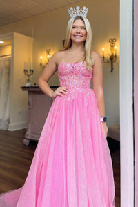 Pink Sequin Sweetheart A-Line Long Prom Dress MD112401