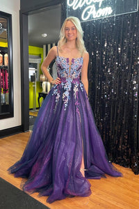 Purple Spaghetti Straps Tulle Long Prom Dress with Appliques MD4031905