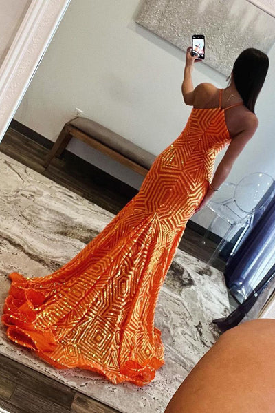 Charming Mermaid Halter Orange Sequins Long Prom Dress MD4022403