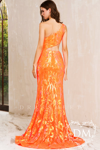 Orange Sequins Lace One Shoulder Mermaid Long Prom Dress MD122104