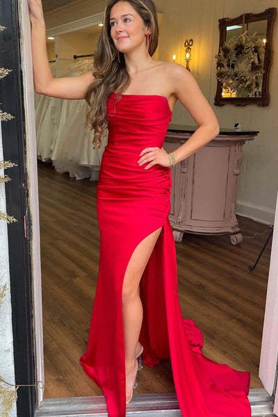 Simple Red Strapless Satin Mermaid Long Prom Dress with Slit MD122807