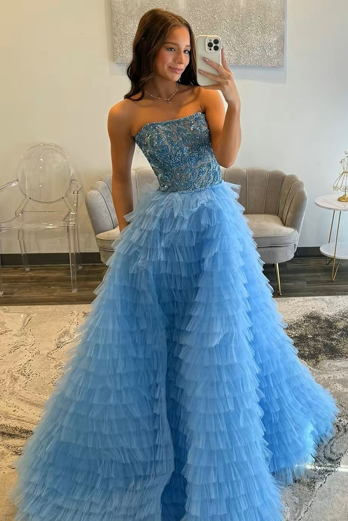 Gorgeous Ball Gown Blue Tiered Prom Dresses with Beading DM25052704 Dressmeet Gorgeous Ball Gown Blue Tiered Prom Dresses with Beading DM25052704 Dressmeet