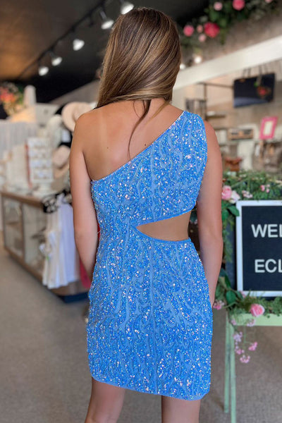 Exquisite One Shoulder Sleeves Cutout Sequins Short Homecoming Dresses DM4071002