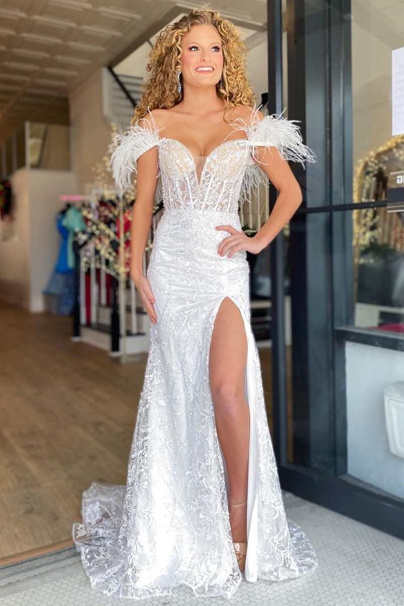 White Lace Feather Off-the-Shoulder Mermaid Long Prom Dress MD092608 Dressmeet White Lace Feather Off-the-Shoulder Mermaid Long Prom Dress MD092608 Dressmeet