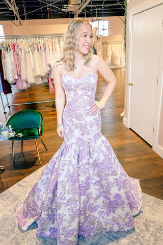 Gorgeous Mermaid Sweetheart Lavender Jacquard Satin Prom Dress DM1111406