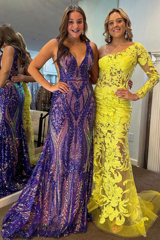 Purple Sequin Lace V Neck Mermaid Long Prom Dresses MD112101