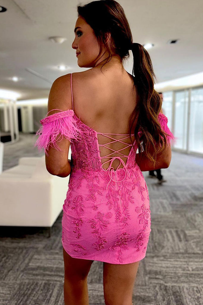 Cute Bodycon Off the Shoulder Hot Pink Tulle Short Homecoming Dress with Appliques MD083006 – Dressmeet
