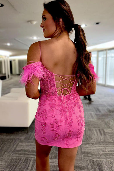 Cute Bodycon Off the Shoulder Hot Pink Tulle Short Homecoming Dress with Appliques MD083006