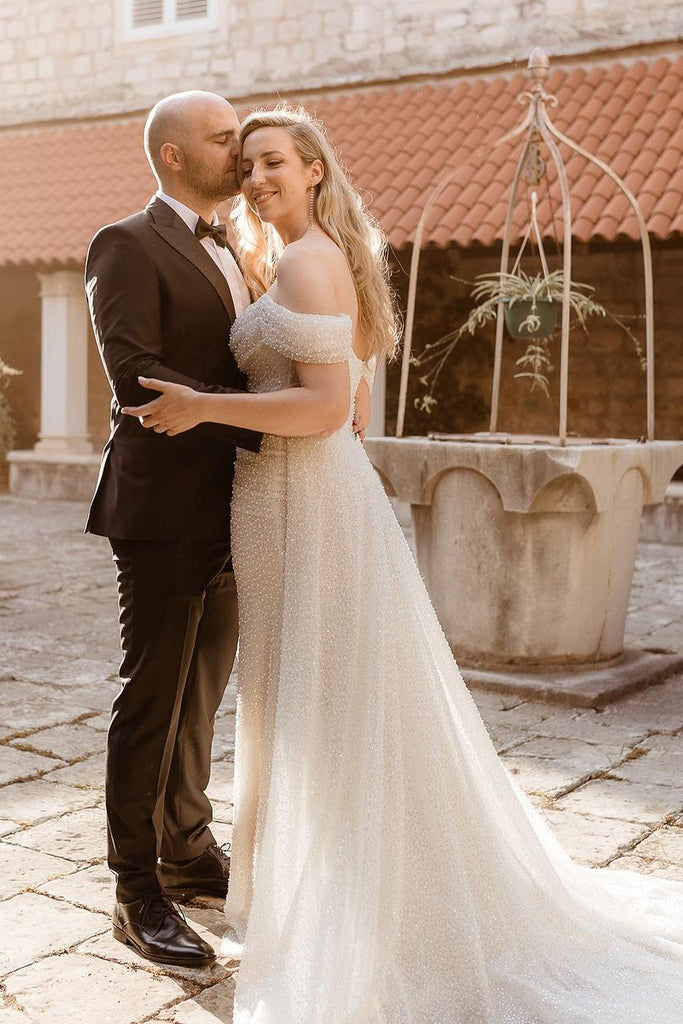 off the shoulder sequin wedding dress Detachable Off Shoulder Sleeve Sparkly Mermaid Wedding Dress