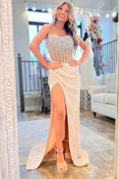 Charming Mermaid Scoop Neck Champagne Sequins Long Prom Dresses With Beading