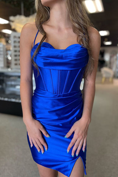 Bodycon Sweetheart Royal Blue Satin Short Homecoming Dresses with Slit DM24071012