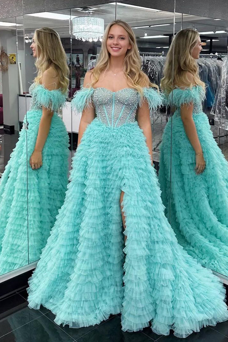 Blue Off the Shoulder Tiered Tulle Long Prom Dresses MD121104