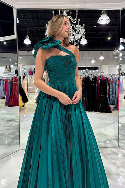 A-Line One Shoulder Green Pleated Long Prom Dress with Bow MD4053101