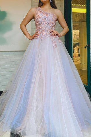 Gorgeous A Line One Shoulder Grey Pink Long Prom Dress with Appliques MD112310