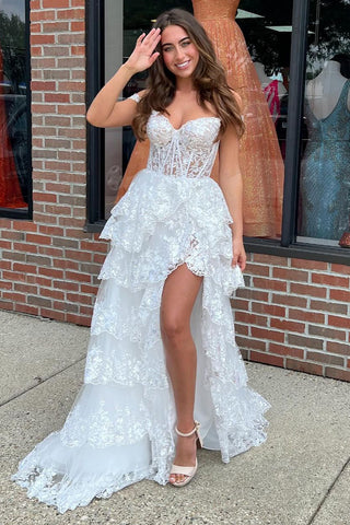 White  Off the Shoulder Sequins Lace Ruffle Tiered Long Prom Dress with Slit MD4032505