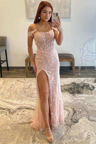 Pink Floral Lace Cold-Shoulder Mermaid Long Prom Dress with Slit MD092407