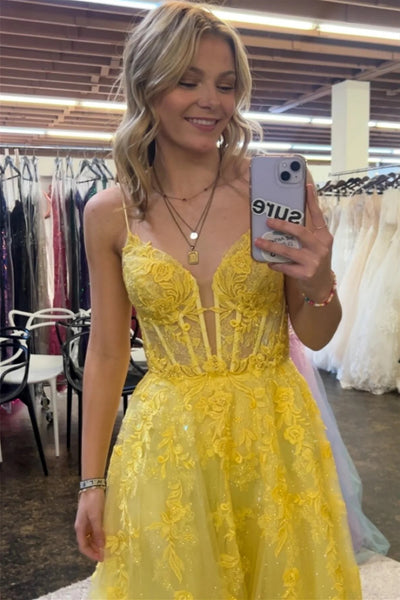 Yellow Floral Spaghetti Straps A-line Long Prom Dress MD121307