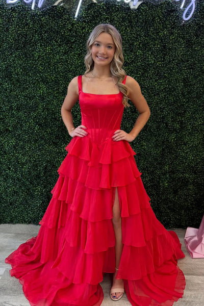 A Line Square Neck Red Chiffon Tiered Prom Dress with Slit DM26011702
