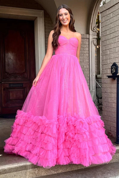 Fuchsia Strapless Ruffle A-Line Long Prom Dress MD122503