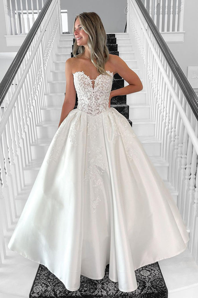 A Line V Neck Satin Long Wedding Dresses with Appliques DM082703 Dressmeet A Line V Neck Satin Long Wedding Dresses with Appliques DM082703 Dressmeet