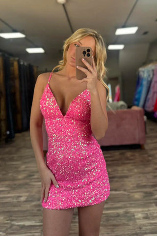 Bodycon V Neck Pink Sequins Short Homecoming Dresses DM24071805