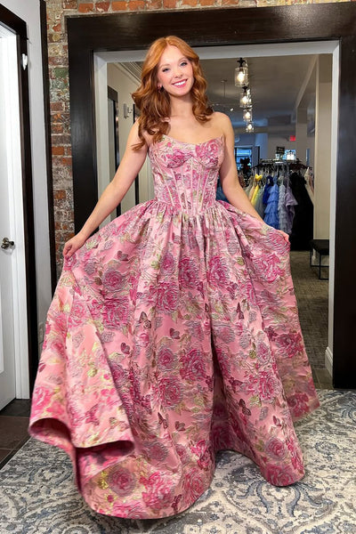 Gorgeous A Line Scoop Neck Pink Jacquard Satin Long Prom Dress DM16021103