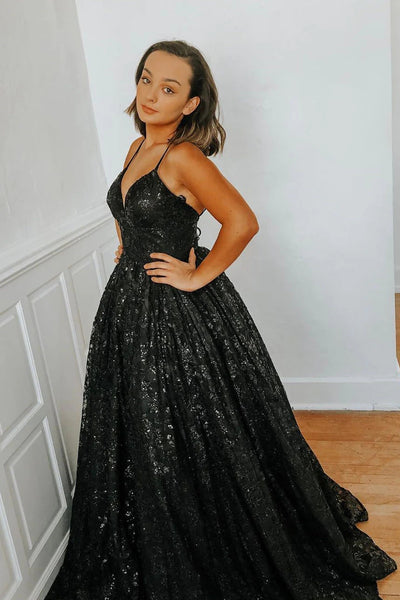 A-Line Spaghetti Straps Black Sequin Long Prom Dress MD121806