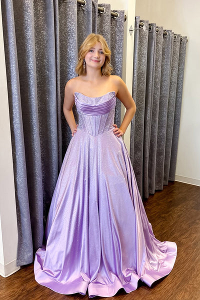 A-Line Strapless Pleats Lilac Satin Long Prom Dress with Beadings DM16021505