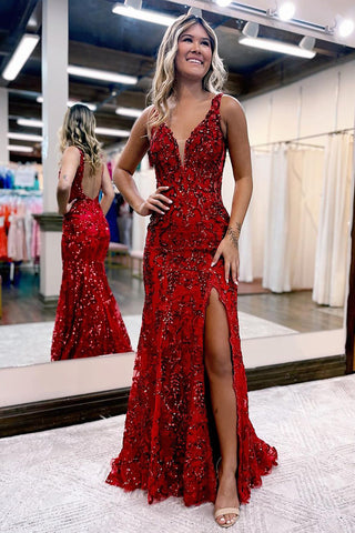 Sparkly Mermaid V Neck Dark Red Sequins Long Prom Dress with Slit DM090803