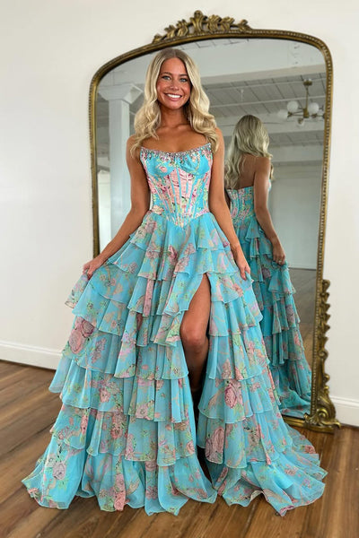 Gorgeous A Line Scoop Neck Tiered Chiffon Prom Dress with Beading DM52102902