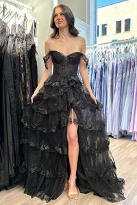 Black Off the Shoulder Lace Applique High Slit Tiered Prom Dress MD4042802