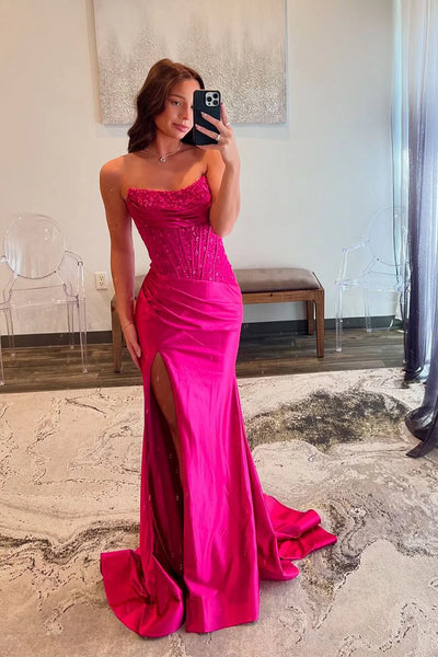 Mermaid Scoop Neck Fuchsia Satin Mermaid Slit Prom Dress DM2511001