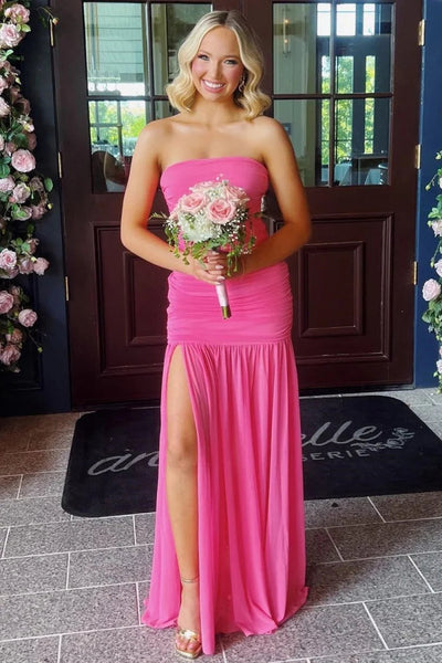 Sheath Strapless Pink Chiffon Slit Prom Dress Party Dress DM15010607
