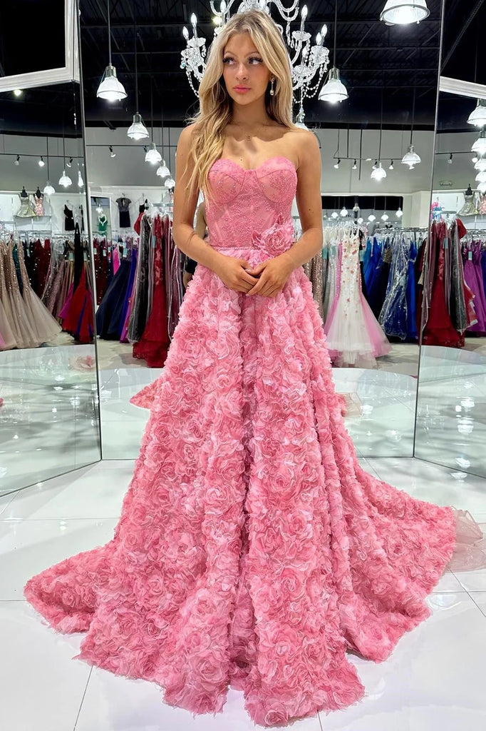 petal pink prom dress Beautiful Poofy Sleeved Pink Petal Lace Prom Dress In Floor Length