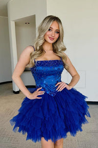 Pretty A Line Straps Royal Blue Tulle Short Homecoming Dresses with Beading DM24071010