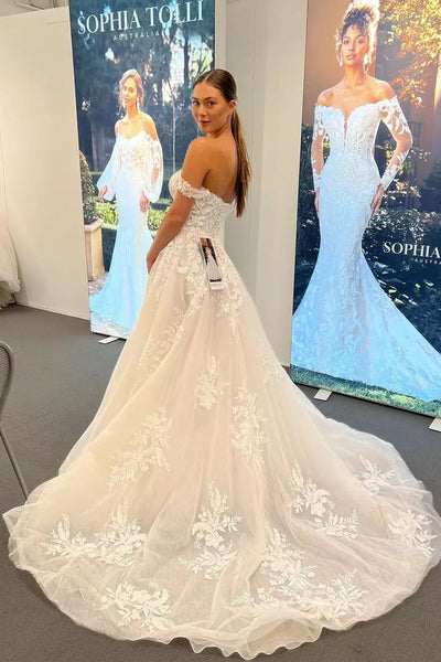 A Line Off the Shoulder Tulle Long Wedding Dresses with Appliques DM082704